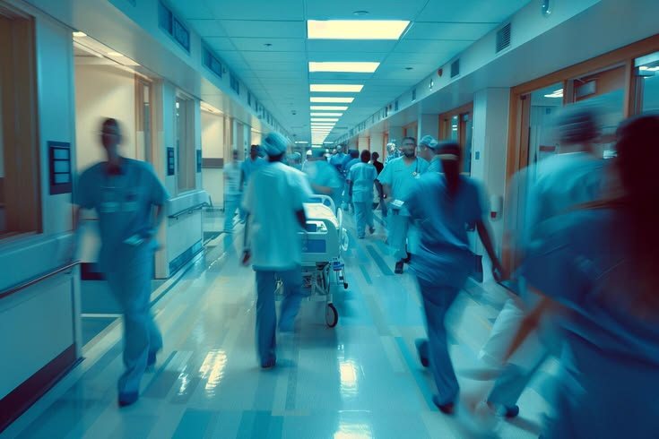 Medical staff moving through a busy hospital corridor