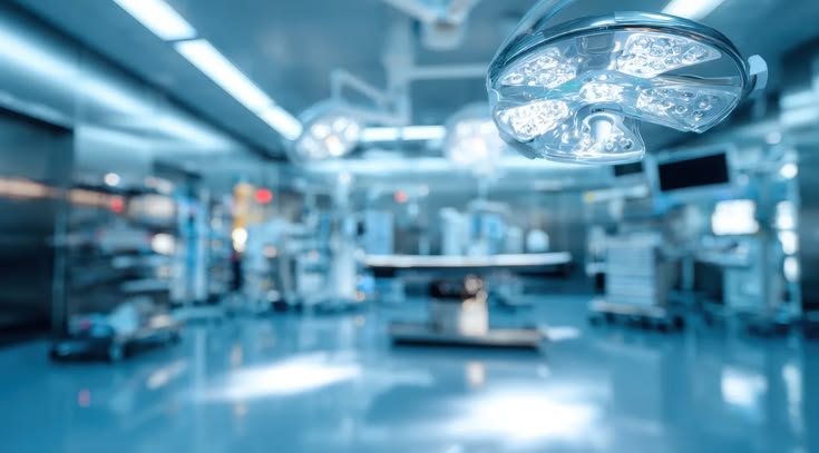 Modern hospital room with surgical lights and medical equipment